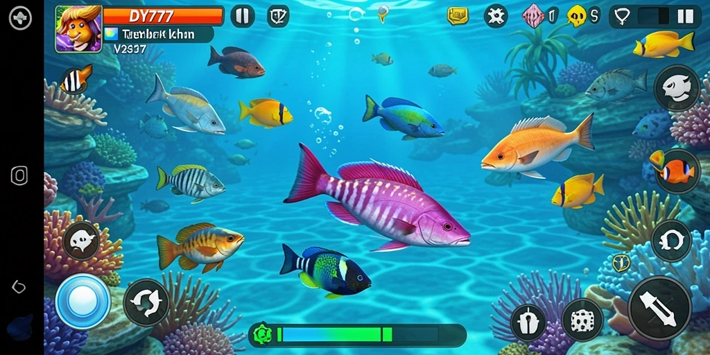 Screenshot gameplay DY777 yang penuh aksi menembak ikan.
