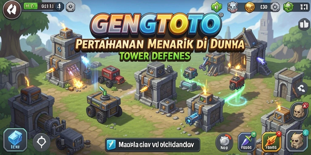 Screenshot gameplay GENGTOTO menampilkan pertahanan menara yang strategis.