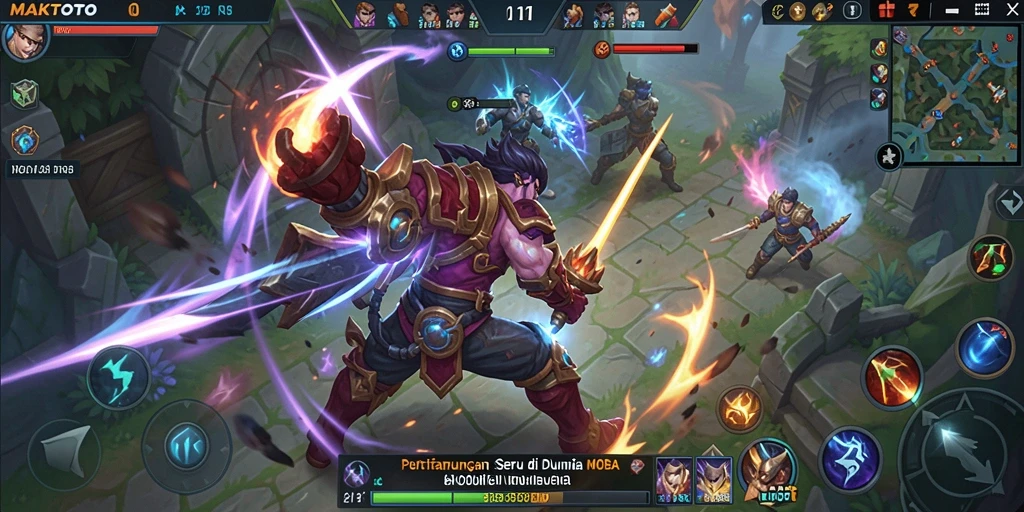 Tangkapan layar gameplay MAKTOTO yang menunjukkan aksi pertarungan MOBA.