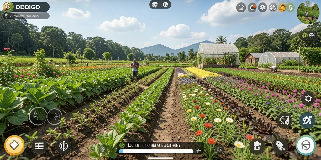 Screenshot gameplay ODDIGO menunjukkan kebun yang subur dan aktif.