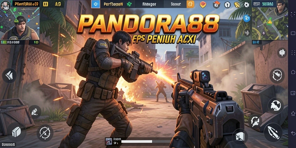 Screenshot menunjukkan aksi dinamis dalam gameplay FPS PANDORA88.