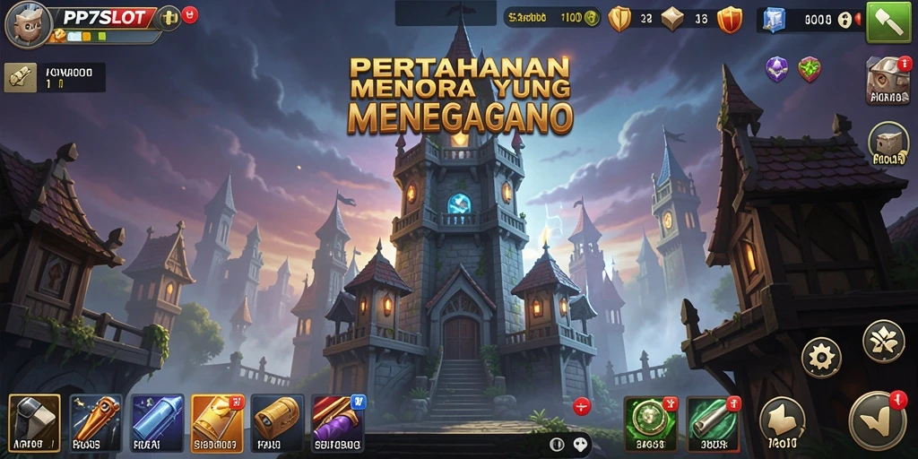 Screenshot gameplay PP7SLOT yang menampilkan pertahanan menara yang mendebarkan.