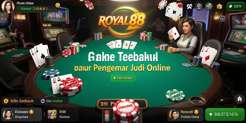 Tampilkan gameplay seru dalam ROYAL88 dengan pemain berinteraksi di meja poker.