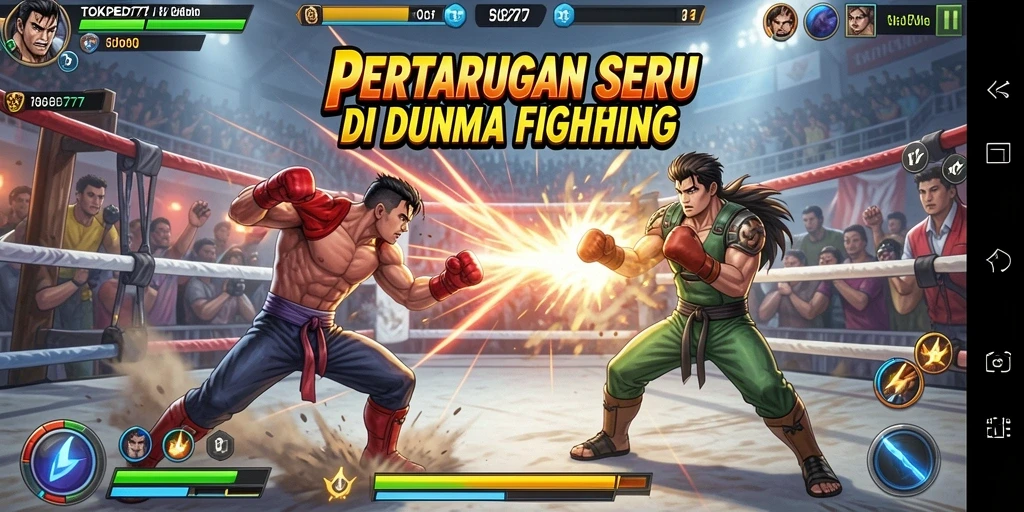 Screenshot utama TOKPED777 menampilkan pertarungan seru antara dua karakter yang memukau.