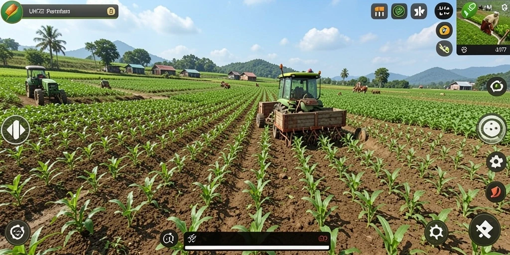 Tampilan gameplay UH77 yang menggambarkan aktivitas pertanian yang seru.