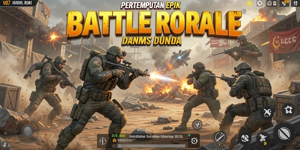 Tangkapan layar utama V07 menampilkan aksi pertempuran Battle Royale yang mendebarkan.